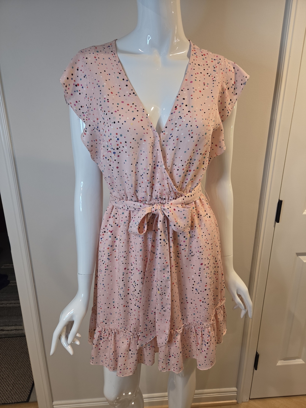 Jack By BB Dakota Blush Pink Dotted Mini Dress With Tie Waist